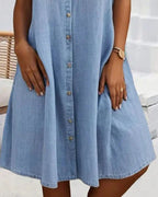 Sveta Short-Sleeved Denim Dress with Button Placket