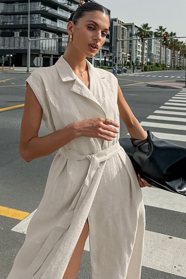 Alouette | Linen cotton dress with high waist and tie