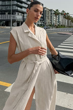 Linen Maxi Dress with High Waist and Tie Belt – Elegant Dress with Slit