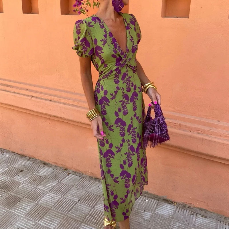 Dress with Slit and Floral Pattern