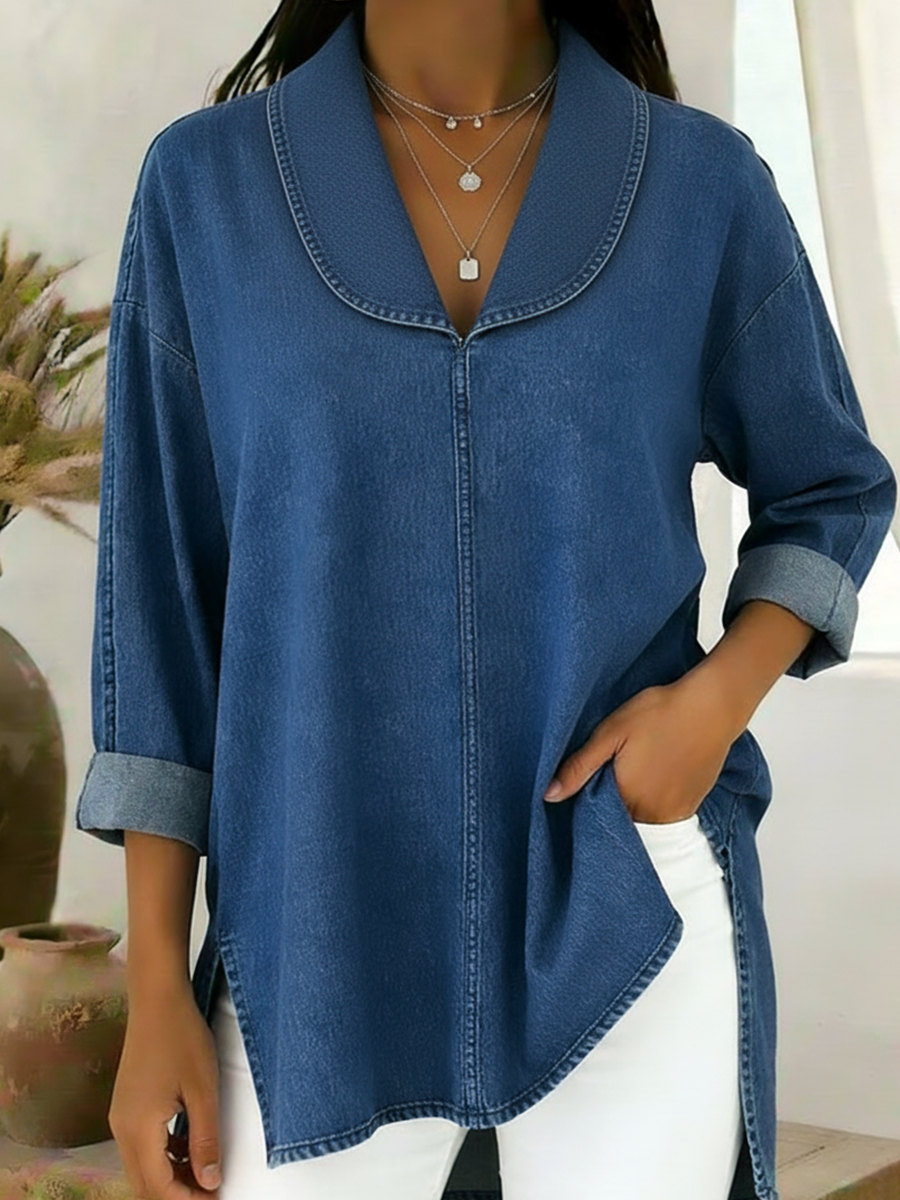 Gaetanaa | Retro Jeans Blouse with Shawl Collar