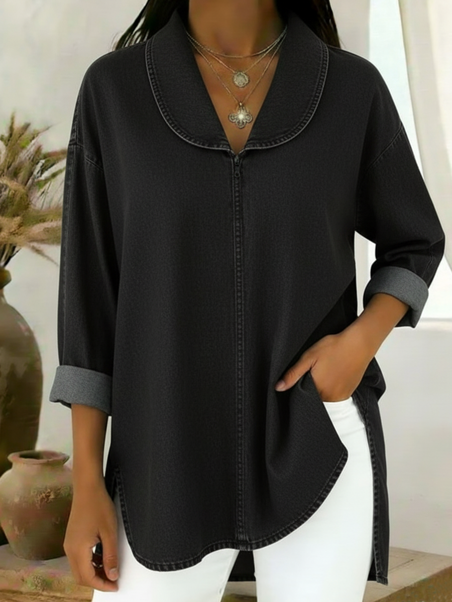 Gaetanaa | Retro Jeans Blouse with Shawl Collar