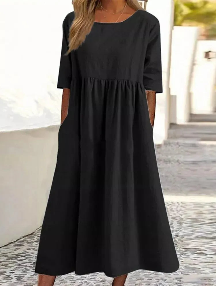 Charlotte™ - Cotton Dress with Round Neck and Pockets