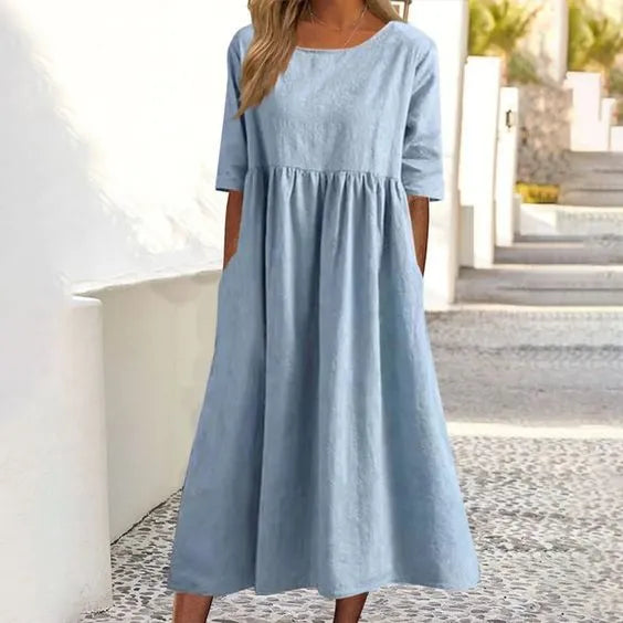Charlotte™ - Cotton Dress with Round Neck and Pockets
