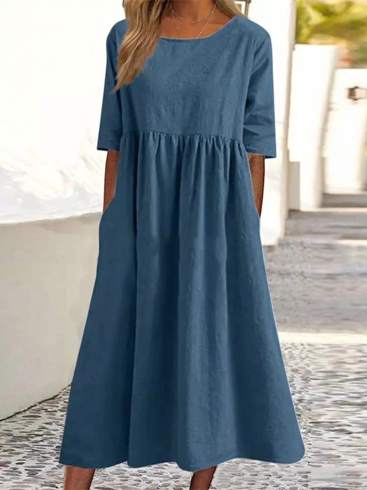 Charlotte™ - Cotton Dress with Round Neck and Pockets