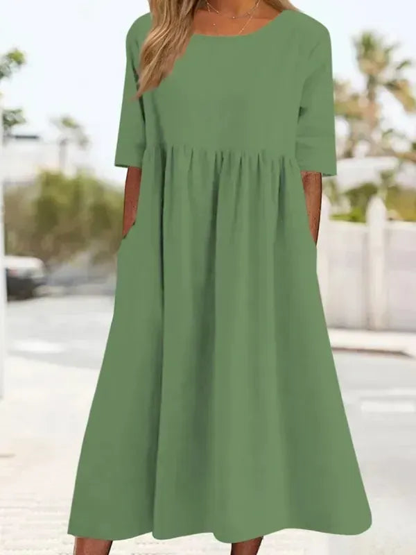 Charlotte™ - Cotton Dress with Round Neck and Pockets