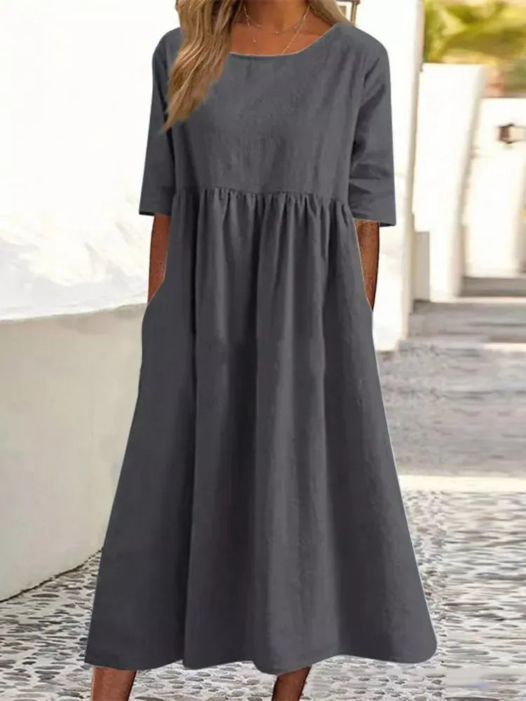 Charlotte™ - Cotton Dress with Round Neck and Pockets