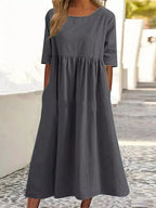 Charlotte™ - Cotton Dress with Round Neck and Pockets