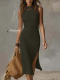 Fiora | Cotton linen midi dress with slit hem