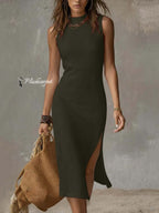 Fiora | Cotton linen midi dress with slit hem