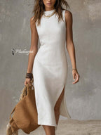 Fiora | Cotton linen midi dress with slit hem