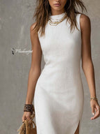 Midi Dress with Stand Collar and Slit, Made from Cotton and Linen