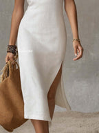 Fiora | Cotton linen midi dress with slit hem