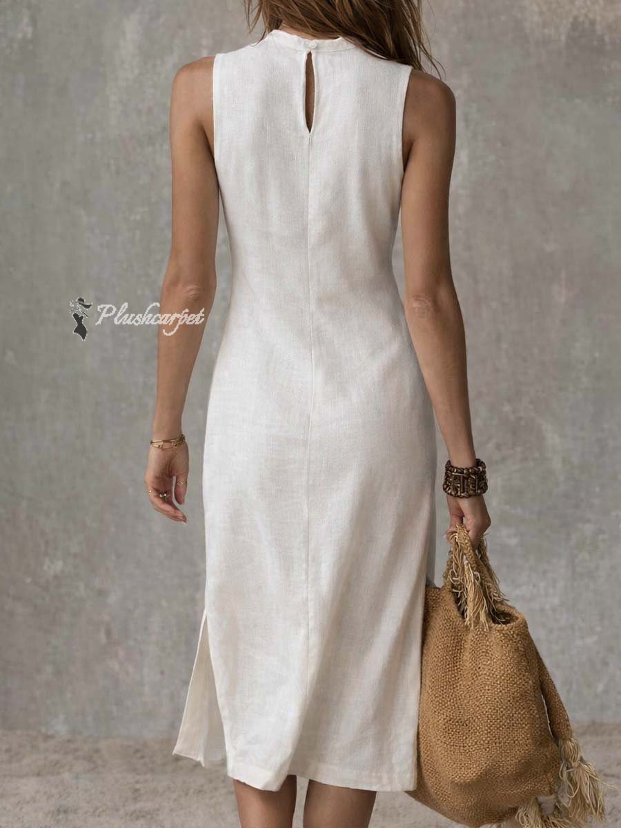 Fiora | Cotton linen midi dress with slit hem