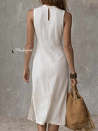 Midi Dress with Stand Collar and Slit, Made from Cotton and Linen